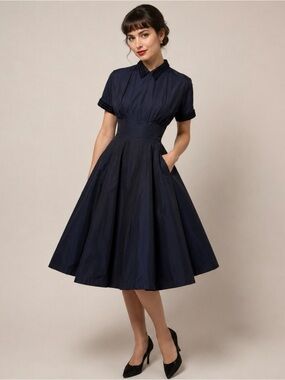 Vintage 50s Dress Women’s Size XS Midnight Blue Collared Pinup Rockabilly Retro